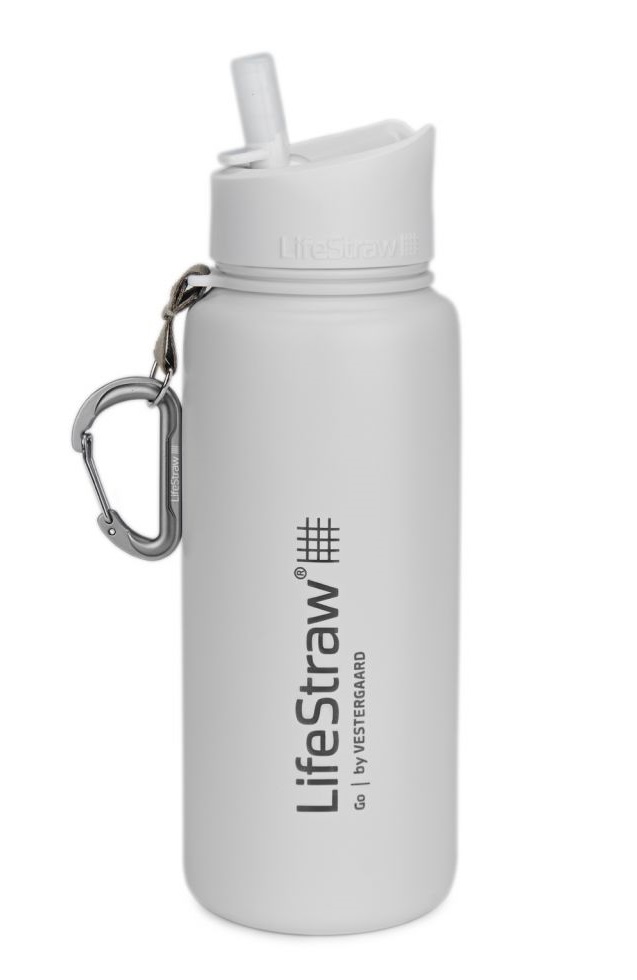 LifeStraw Trinkflasche Go Stainless Steel Edelstahl mit Wasserfilter, Verschluss mit SilikonmundstĂĽck, Karabiner weiss - 650 ml