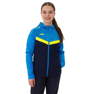 JAKO Kapuzenjacke Iconic (Polyester-Fleece, Seitentaschen mit Reißverschluss) marineblau/hellblau/gelb Damen