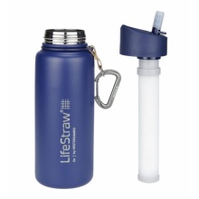 LifeStraw Trinkflasche Go Stainless Steel Edelstahl mit Wasserfilter, Verschluss mit Silikonmundstück, Karabiner dunkelblau - 650 ml