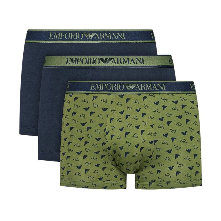 Emporio Armani Unterwäsche Boxershorts Trunk Cotton dunkelblau/grün gemustert Herren - 3 Stück