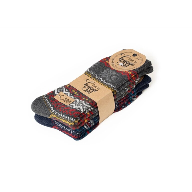 HomeOfSocks Wollsocken Hygge Norweger Design navyblau/grau/bunt - 2 Paar