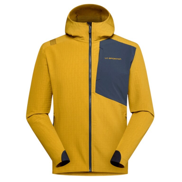 La Sportiva Wanderjacke Descender Storm (winddicht, wasserabweisend) 2025 savanagelb/nachtblau Herren