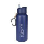 LifeStraw Trinkflasche Go Stainless Steel Edelstahl mit Wasserfilter, Verschluss mit Silikonmundstück, Karabiner blau - 650 ml