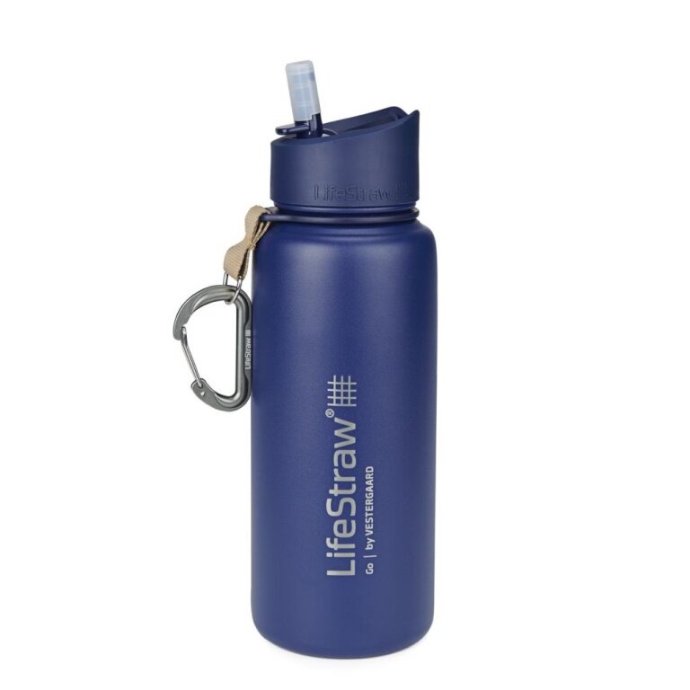 LifeStraw Trinkflasche Go Stainless Steel Edelstahl mit Wasserfilter, Verschluss mit Silikonmundstück, Karabiner blau - 650 ml