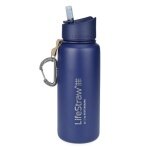 LifeStraw Trinkflasche Go Stainless Steel Edelstahl mit Wasserfilter, Verschluss mit Silikonmundstück, Karabiner dunkelblau - 650 ml