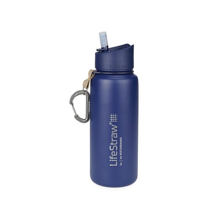 LifeStraw Trinkflasche Go Stainless Steel Edelstahl mit Wasserfilter, Verschluss mit Silikonmundstück, Karabiner dunkelblau - 650 ml